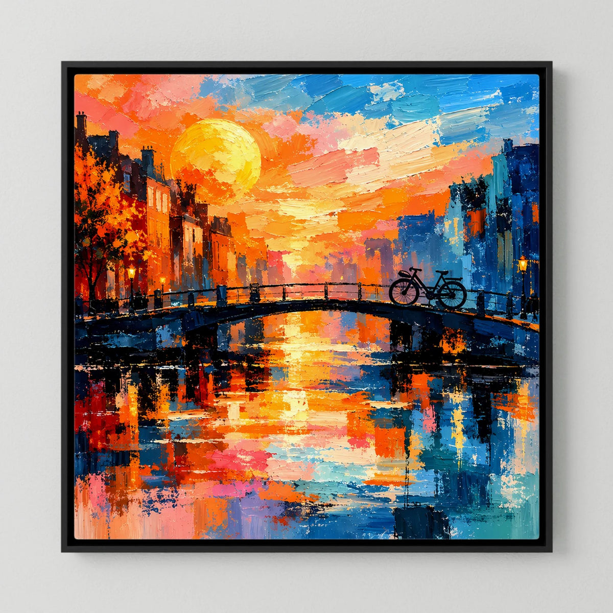 Leinwand Abstraktes Amsterdam Gemälde | Modernes Romantisches Grachten Wandbild mit Fahrrad