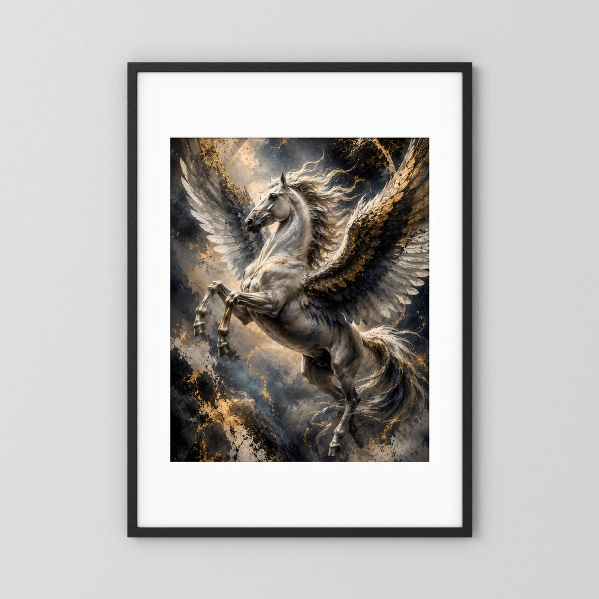 Hochformat-Poster mit Pegasus mit goldenen Flügeln und silbernem Körper, schwarz mit weißer Umrandung