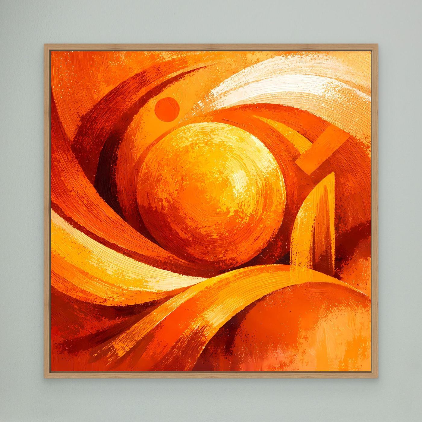 Abstraktes Leinwand-Wandbild in Orange und Gelb mit Wirbeln, Kugelmotiv und Pinselspuren