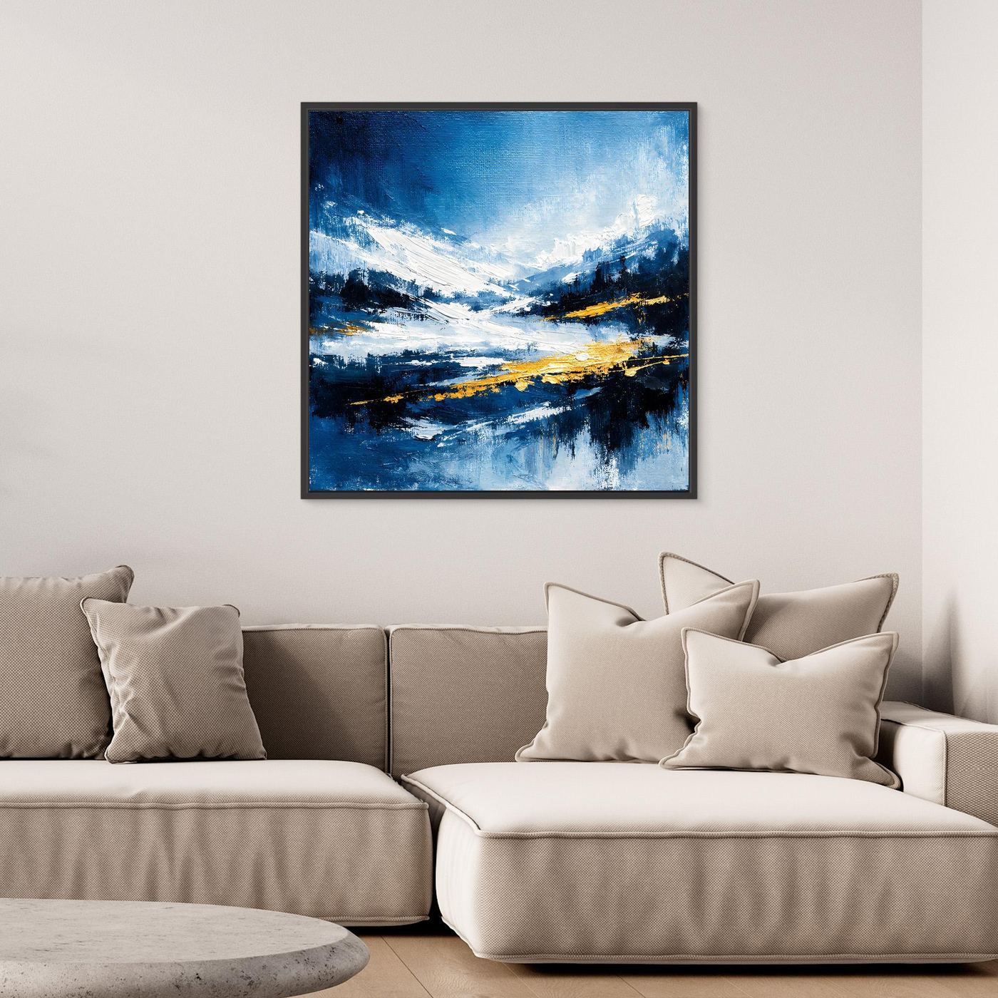 Leinwand Abstraktes Wintergemälde in Blau und Gold | Modernes Schnee & Berge Wandbild