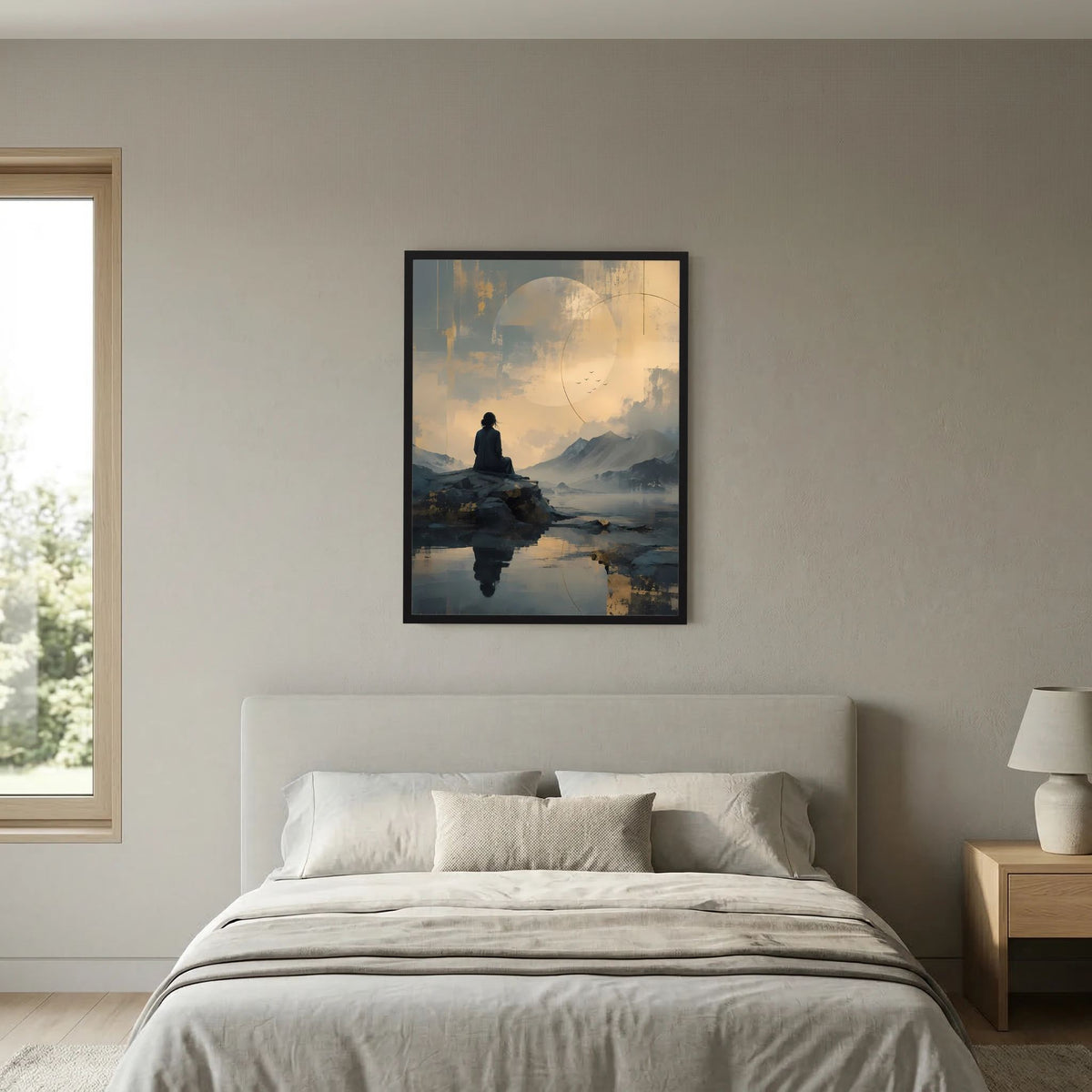 Wandposter mit Meditationsszene: Figur auf Fels, ruhiger See und goldgraue Wolken