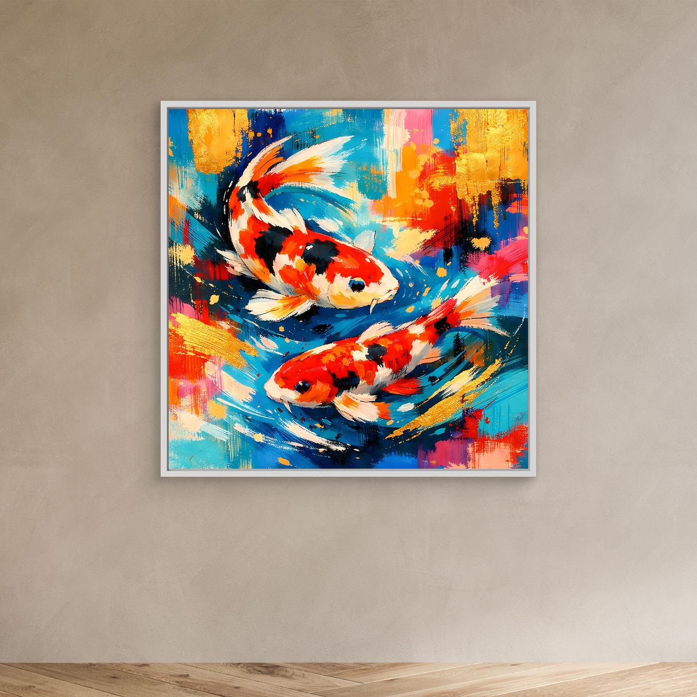 Leinwandbild mit zwei Koi-Fischen, abstrakte Pinselstriche in Blau und Rot, weißer Rahmen