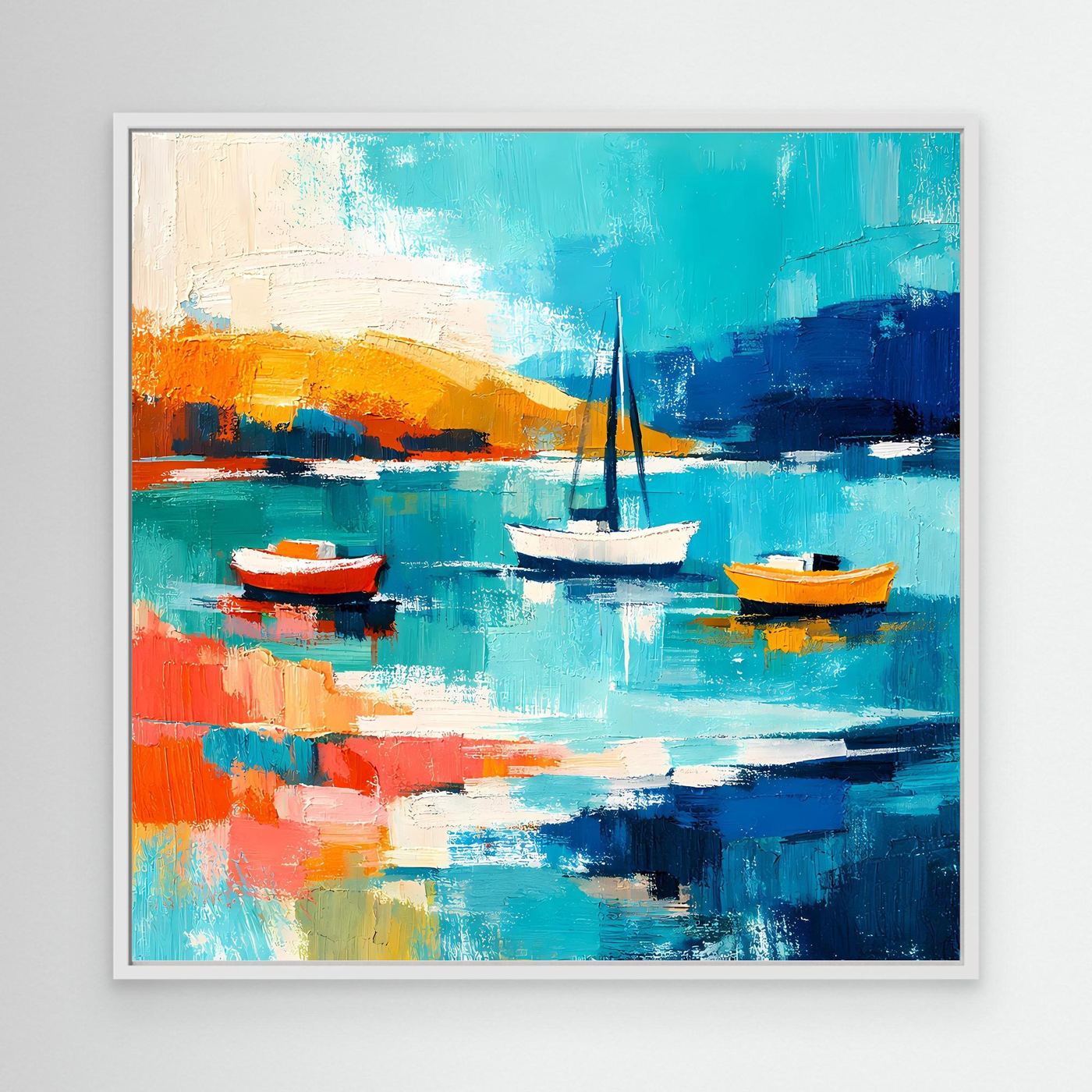 Abstract sailboat wall art with white frame, teal and blue boats over calm water