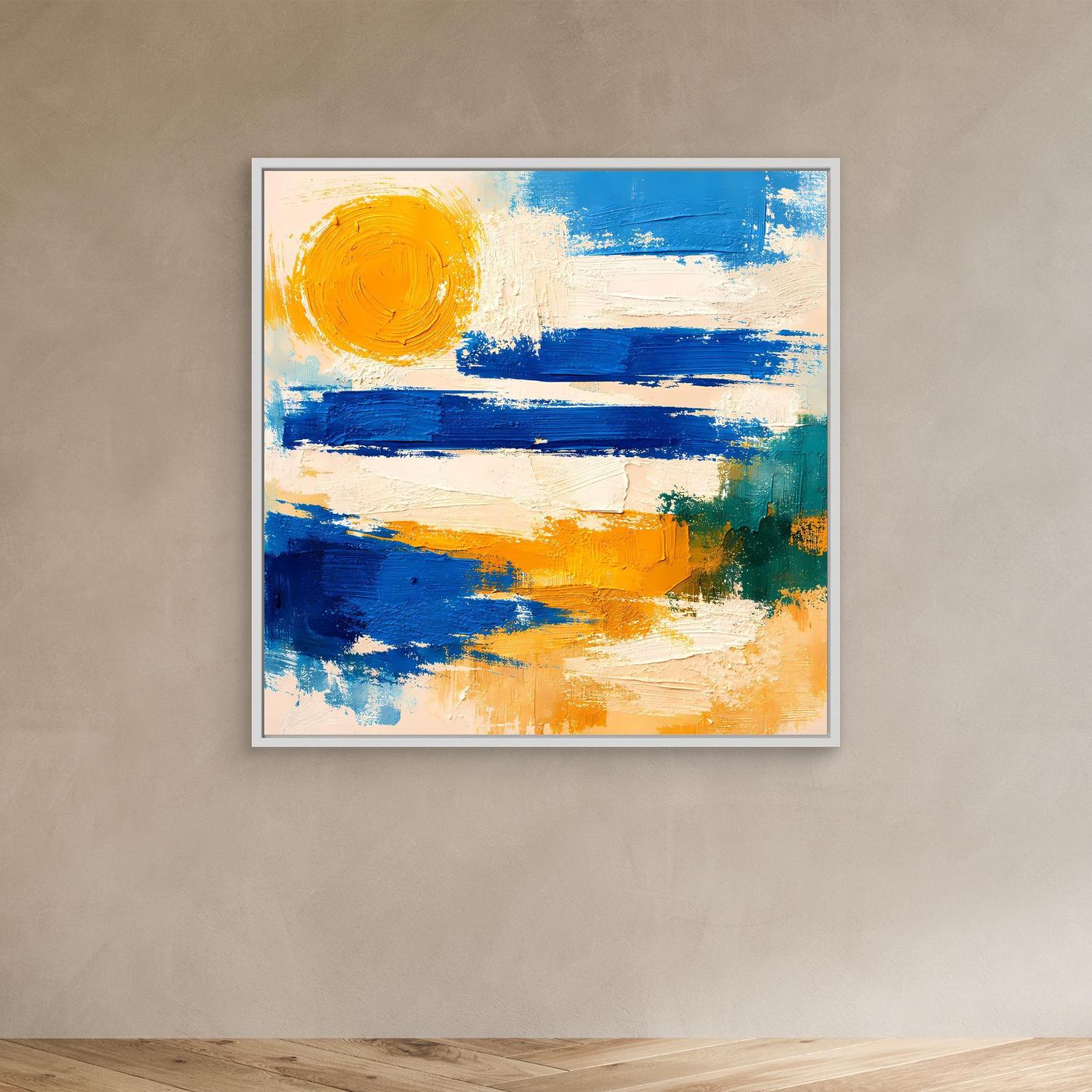 Abstract canvas wall art in a white frame with blue and yellow wave brush strokes and sun