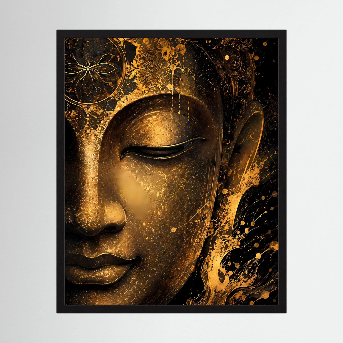 Abstraktes Buddha-Gesicht Poster mit schwarzem Rahmen, Goldspritzer und dunkle Strukturen