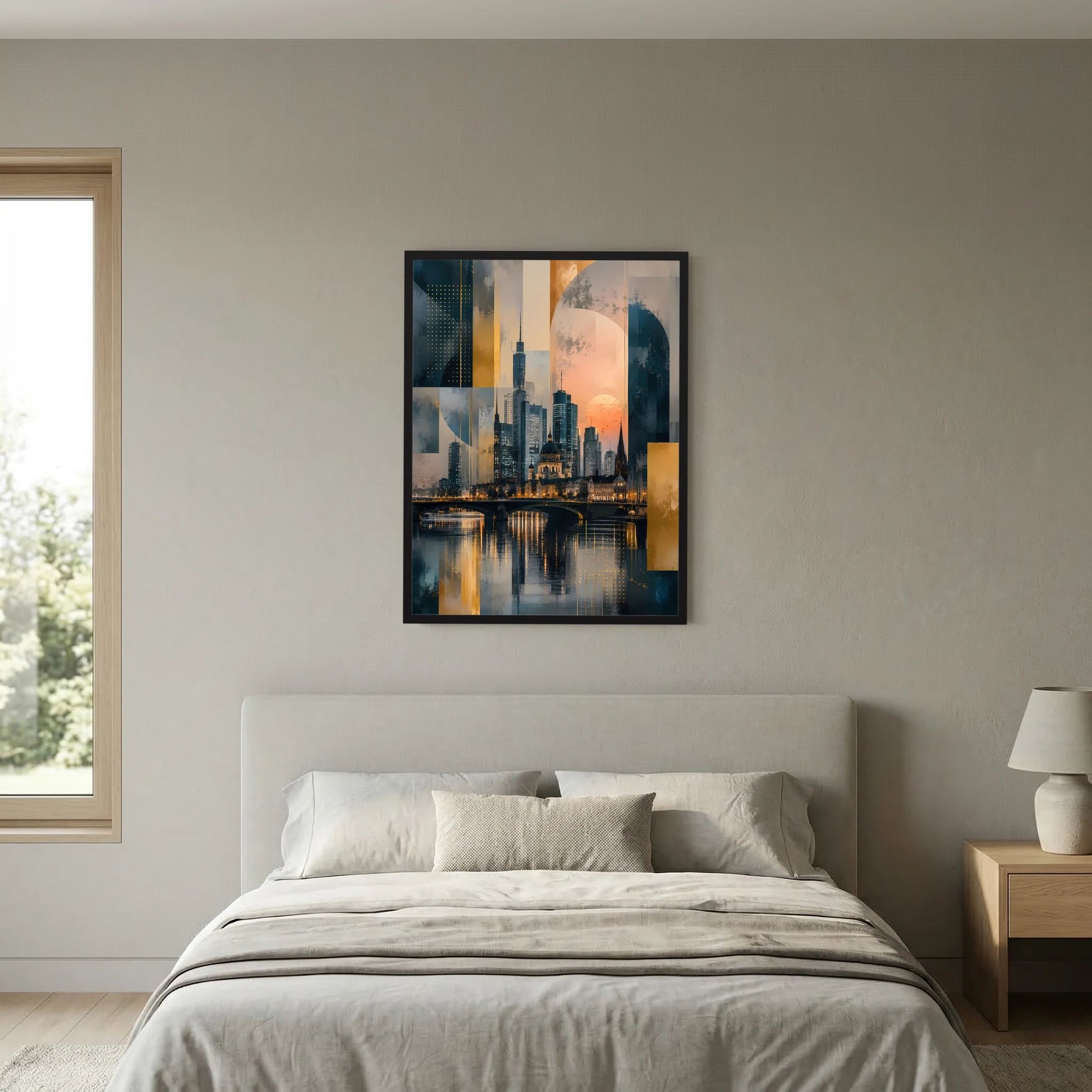 Hochformat-Poster mit abstrakter Skyline, goldener Sonneffekt und Petrolfarben, gerahmt