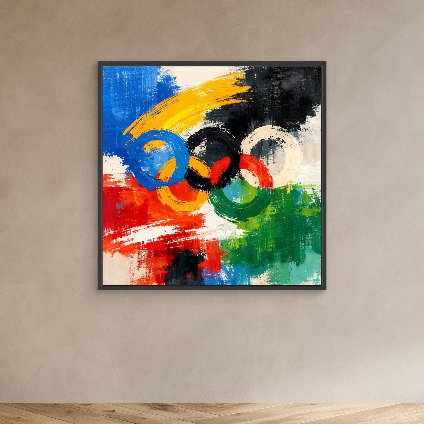 Leinwandbild abstrakte Olympische Ringe: Blau, Gelb, Schwarz, Rot, Grün mit schwarzem Rahmen