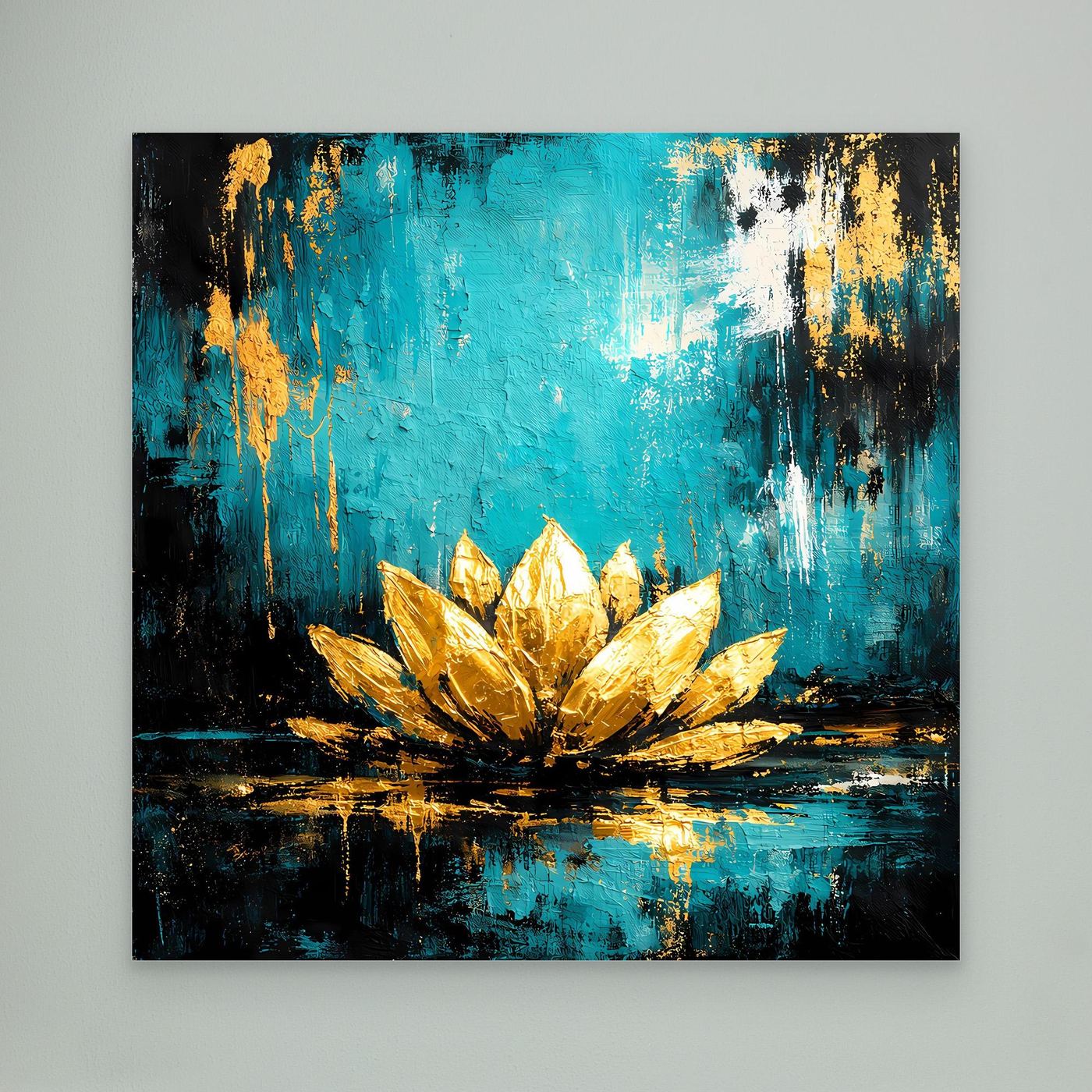Abstraktes Leinwand-Wandbild: goldene Lotusblüte auf Türkis, dunkle Umrandung.