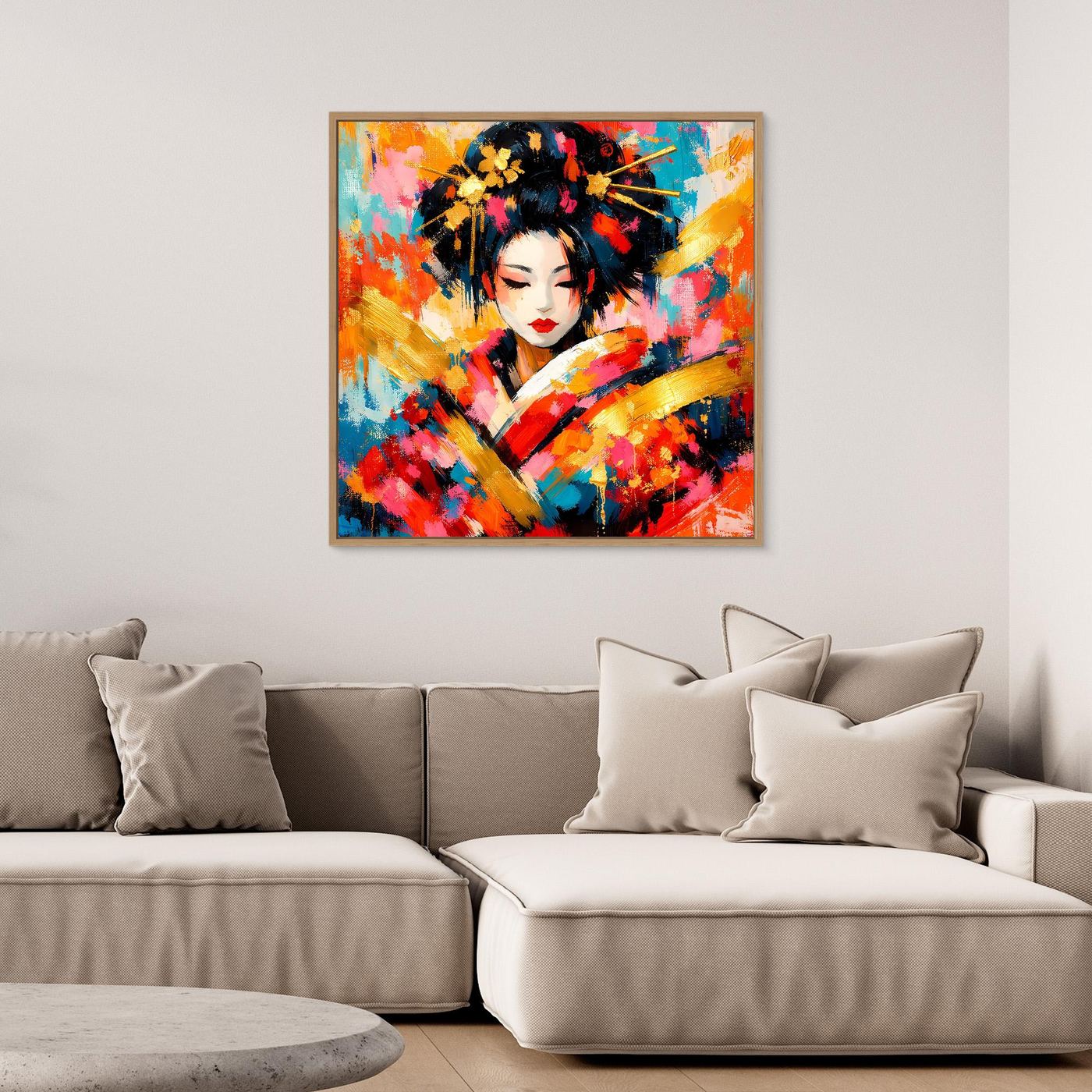 Leinwandbild mit Geisha-Porträt, abstrakt und bunt, mit goldenem Rahmen
