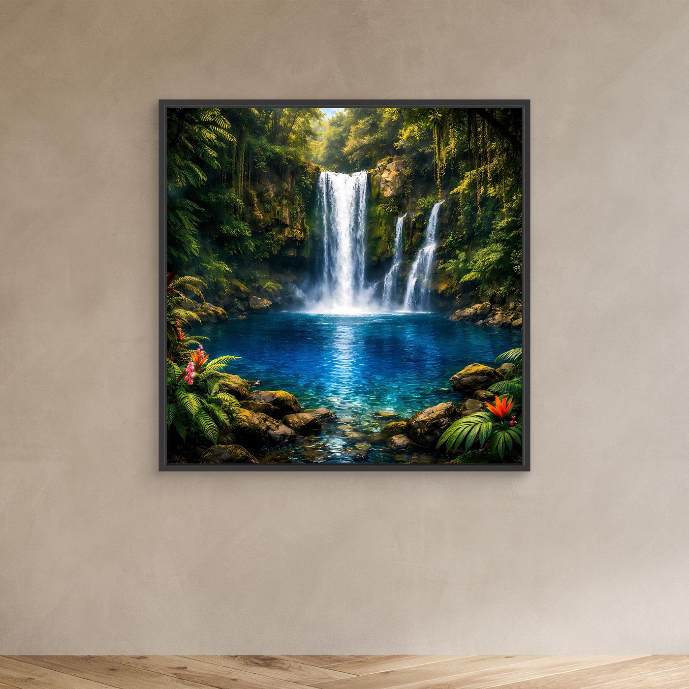 Leinwandbild mit tropischem Wasserfall und Dschungelpflanzen im schwarzen Rahmen