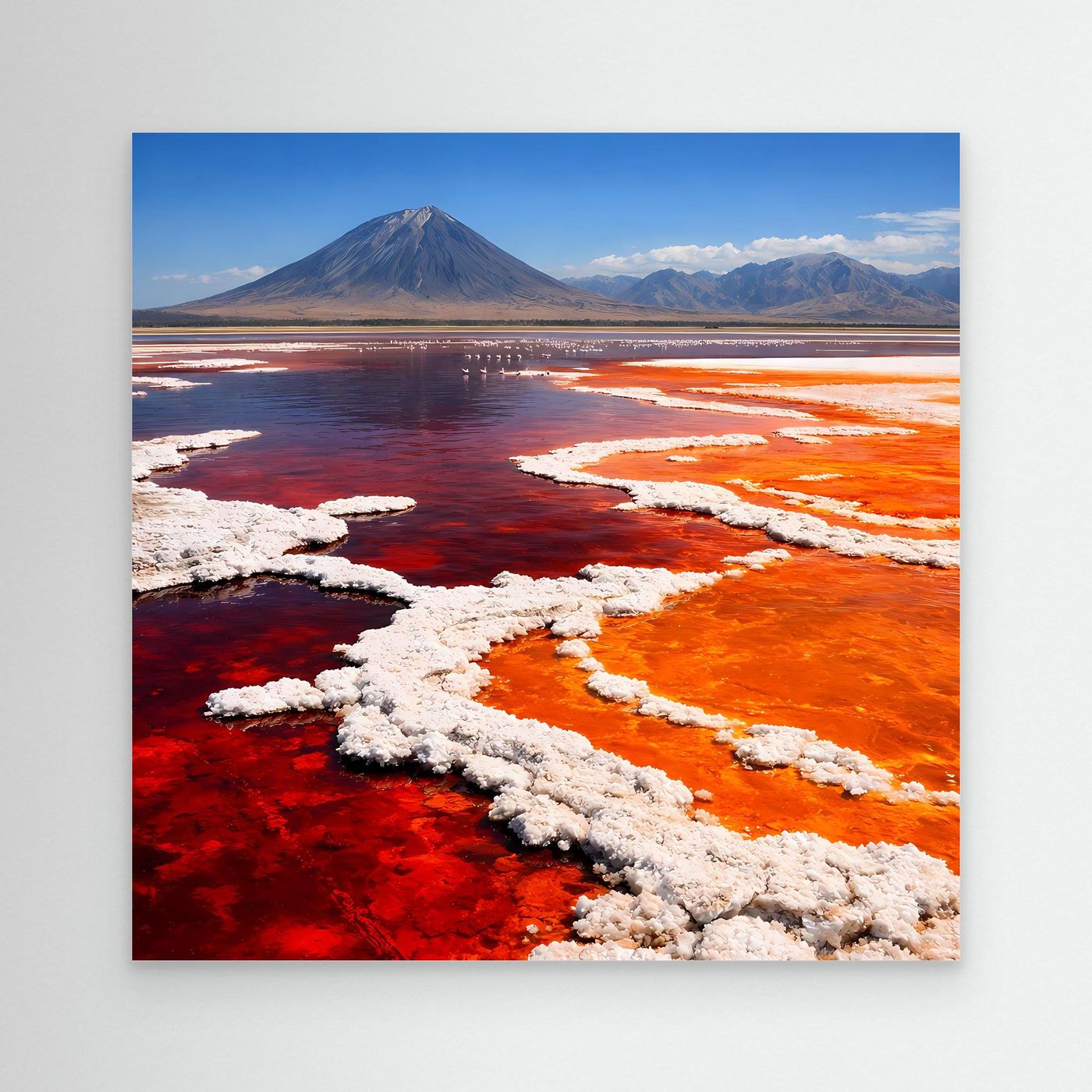 Leinwandbild mit rotem Salzsee und Vulkan, ohne sichtbaren Rahmen