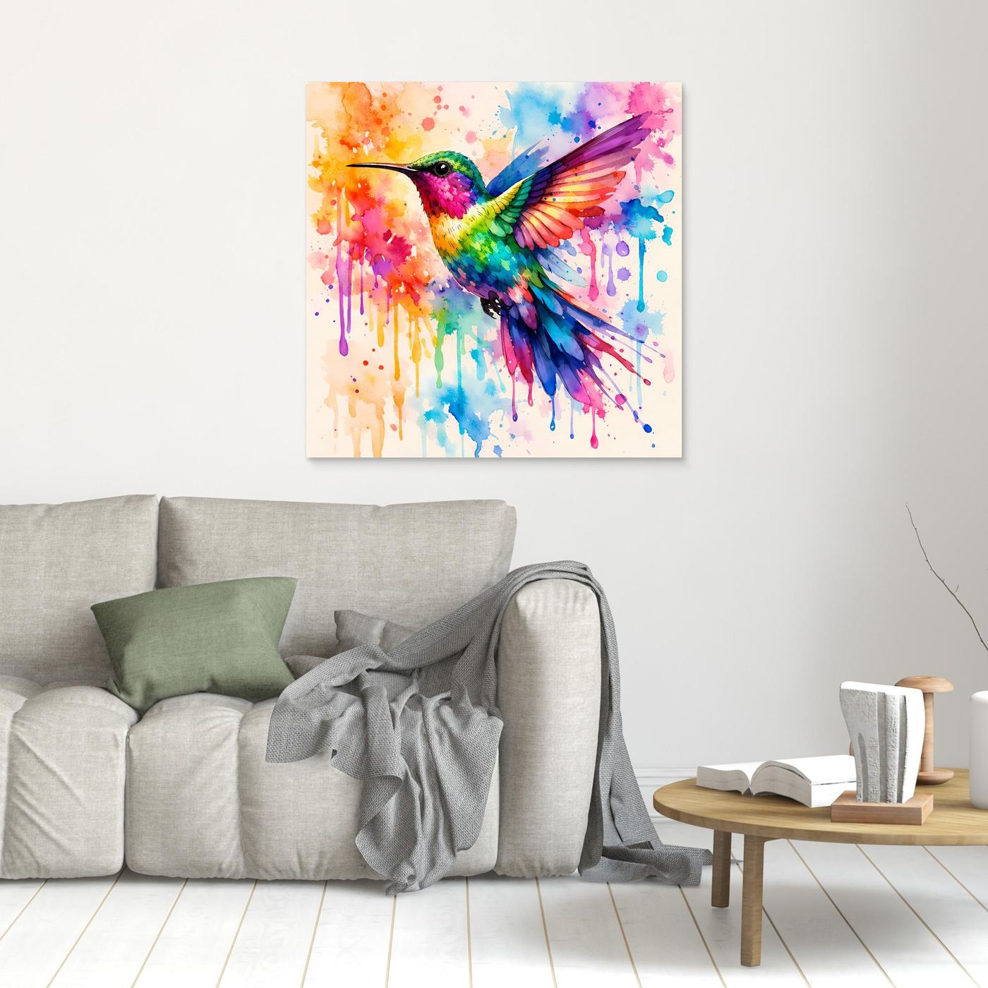 Leinwandbild Kolibri im Aquarell, klein mit weißem Randrahmen