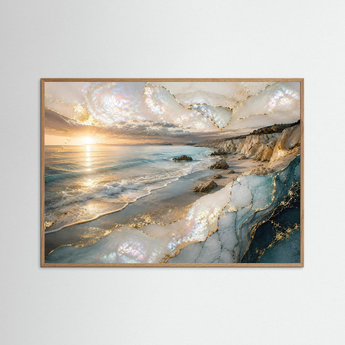 Poster Querformat: Küstenlandschaft mit perlmuttartigem Schimmer und Goldakzenten, Meer, Sand und Felsen im Holzrahmen