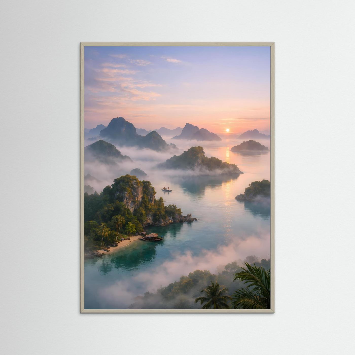 Alpenlandschaft-Poster im Hochformat mit Fluss, Nebel und Sonnenaufgang, grau gerahmt