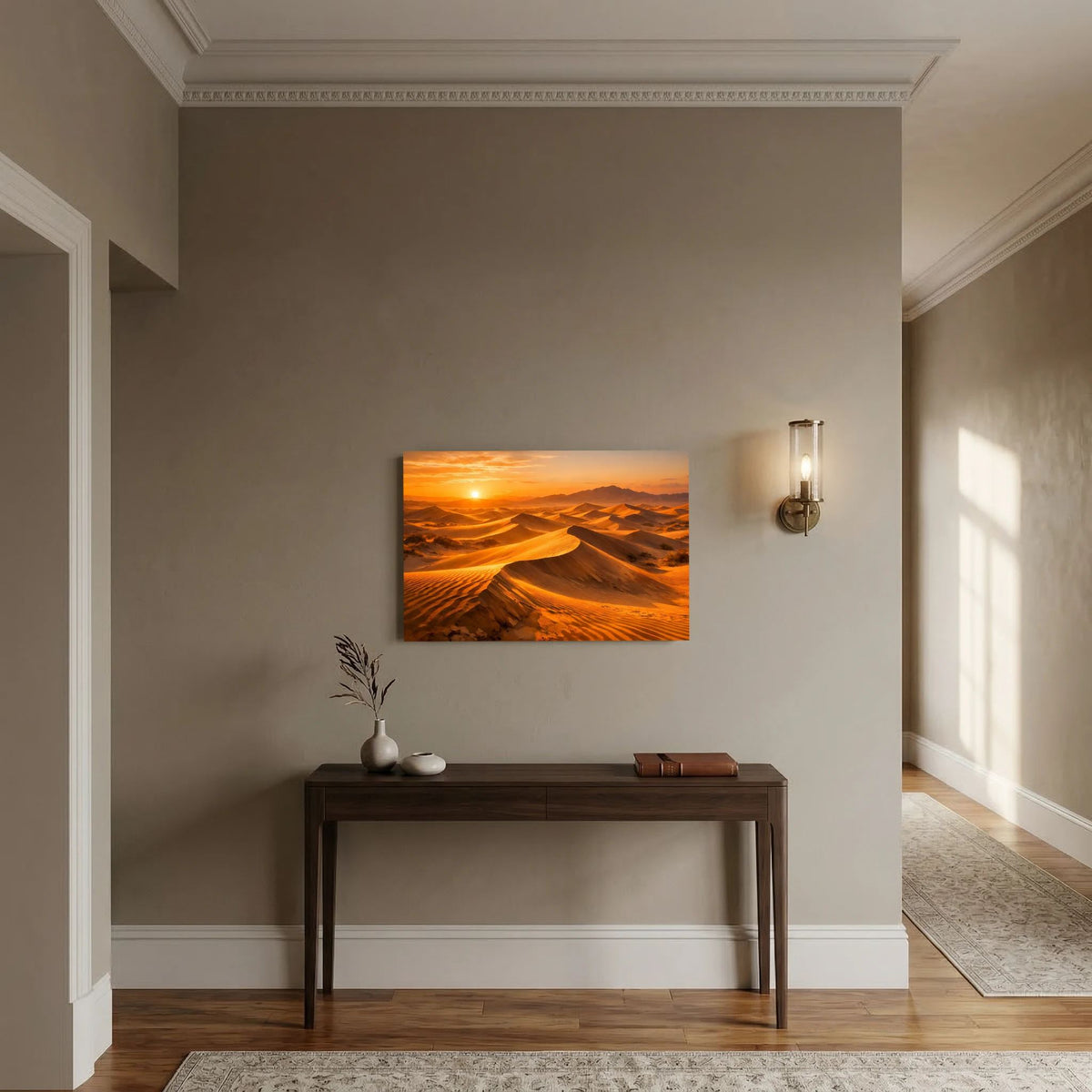 Wandbild Poster mit Wüstenlandschaft und goldenen Sanddünen im Abendlicht, querformatig