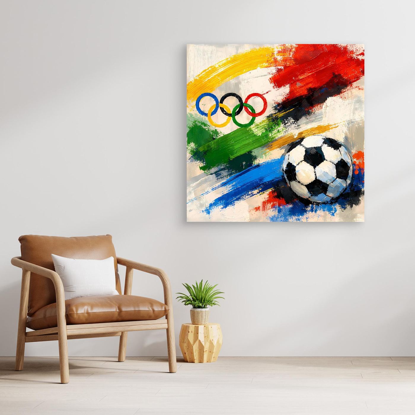 Quadratisches Leinwandbild mit abstraktem Fußball und Olympischen Ringen, ohne Rahmen