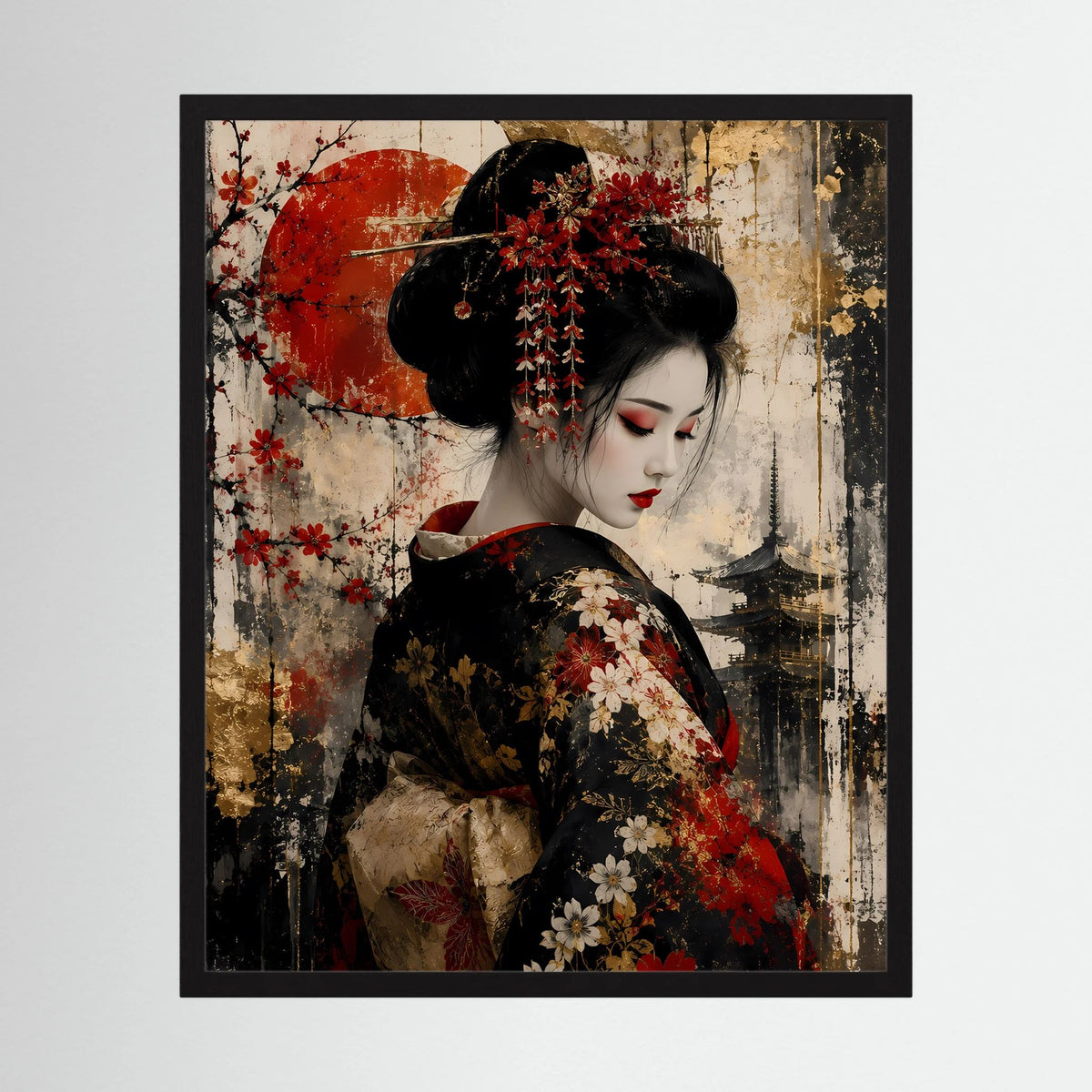 Gefasstes Hochformat-Poster mit Porträt einer Frau in schwarzem Kimono, rote Blüten