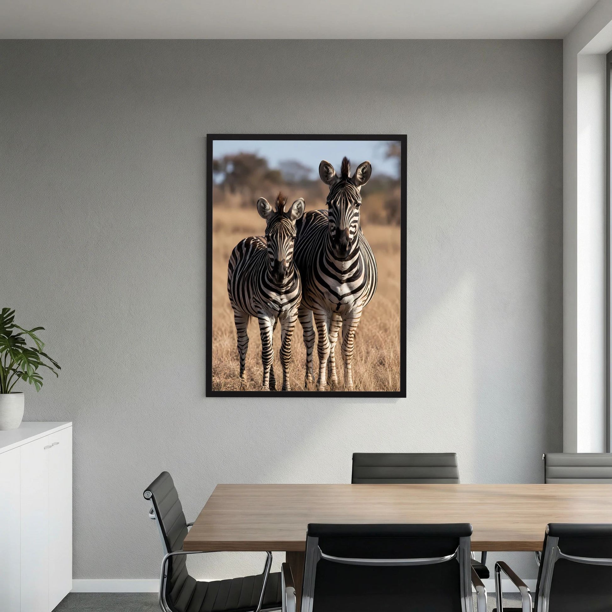 Zebra-Poster im Hochformat: Zebramutter und Jungtier, schwarz gerahmt