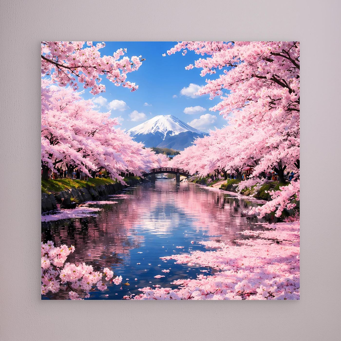 Leinwandbild mit rosa Kirschblüten, Berg Fuji und Fluss mit Brücke, ohne erkennbaren Rahmen