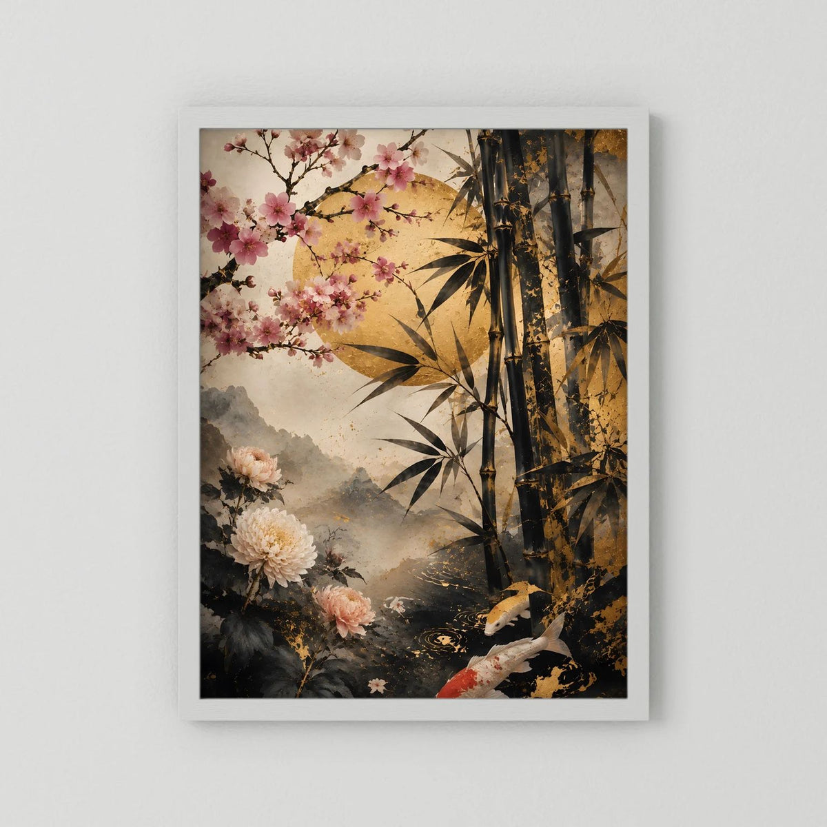 Japanposter Hochformat als Druck ohne Rahmen, mit Koi, Kirschblüten und Bambus im Schwarz-Gold-Look