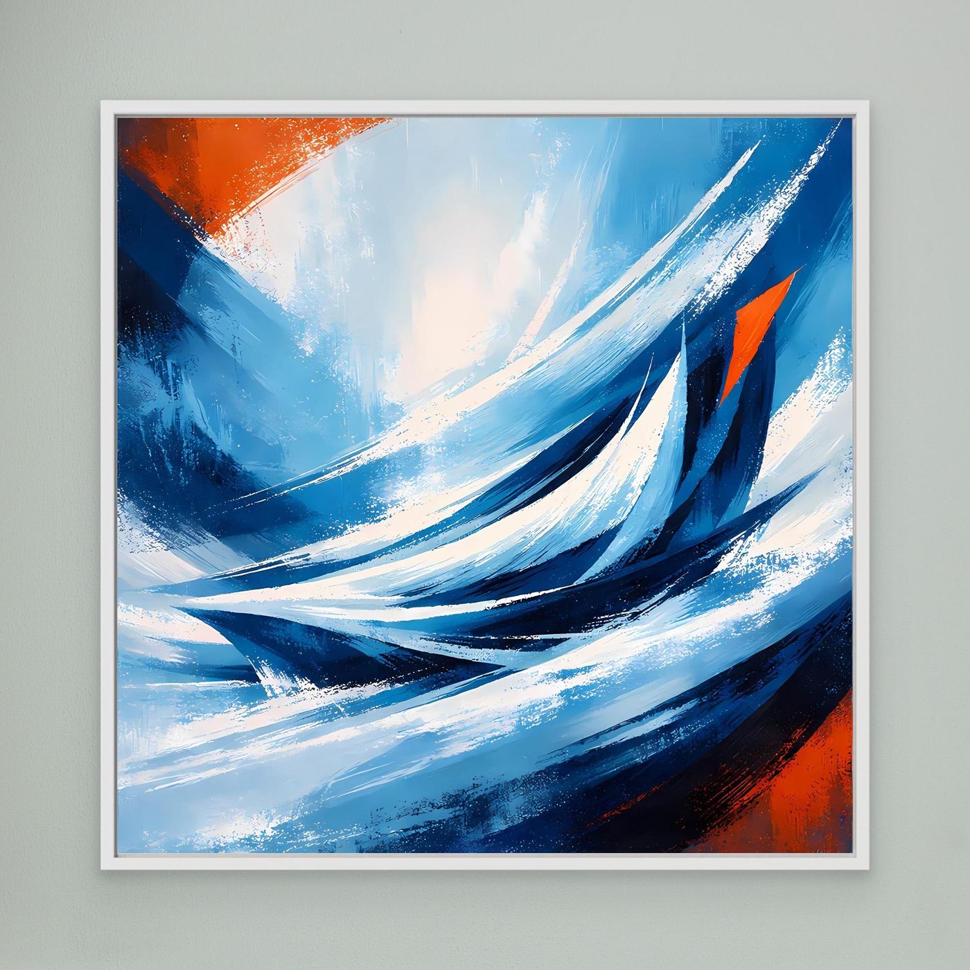 Abstraktes Leinwandbild mit dynamischen Wellen in Blau, Weiß und Orange, weiß gerahmt.