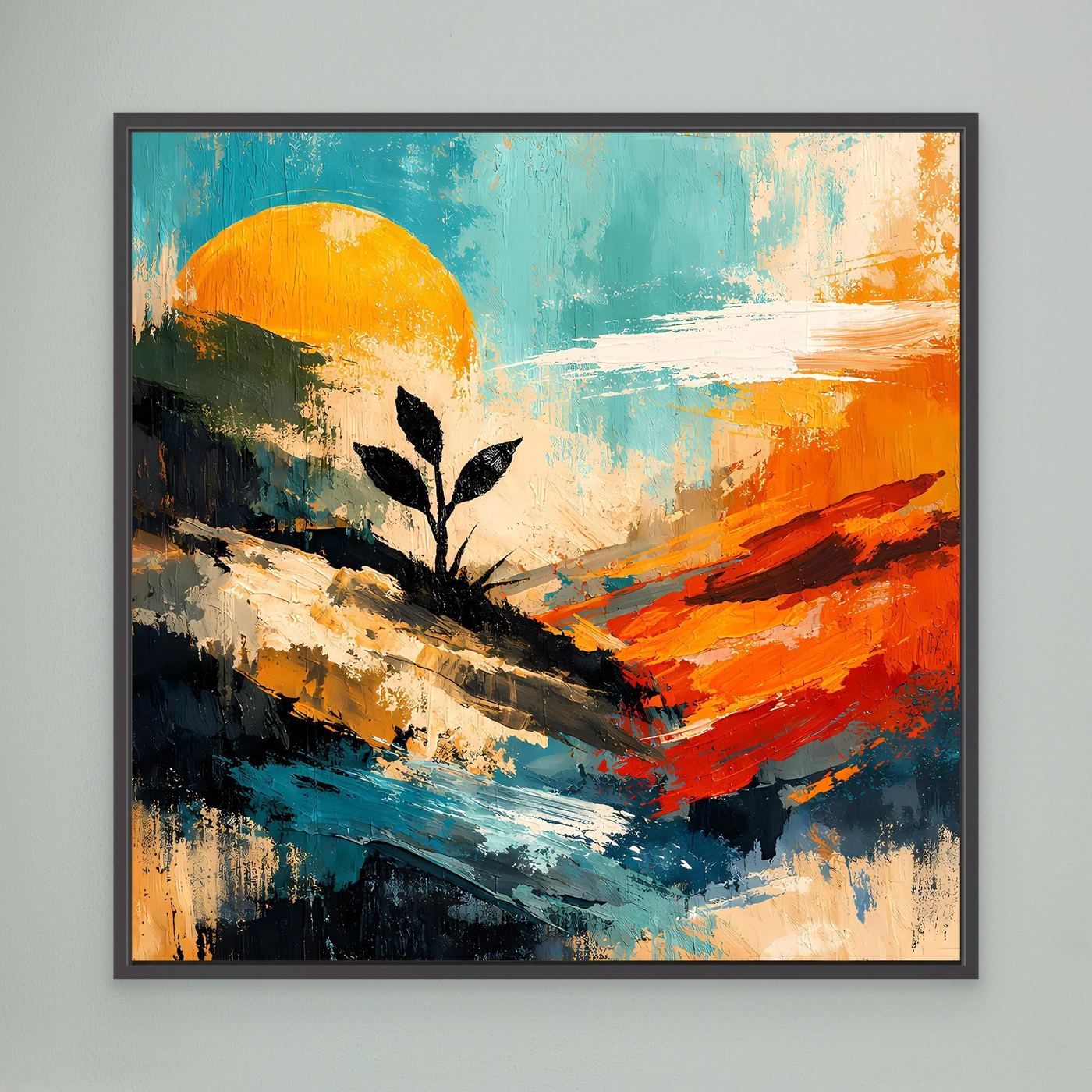 Gerahmtes Wandbild (schwarzer Rahmen): abstraktes Pflanzenmotiv mit Sonnenkreis, orange und blau