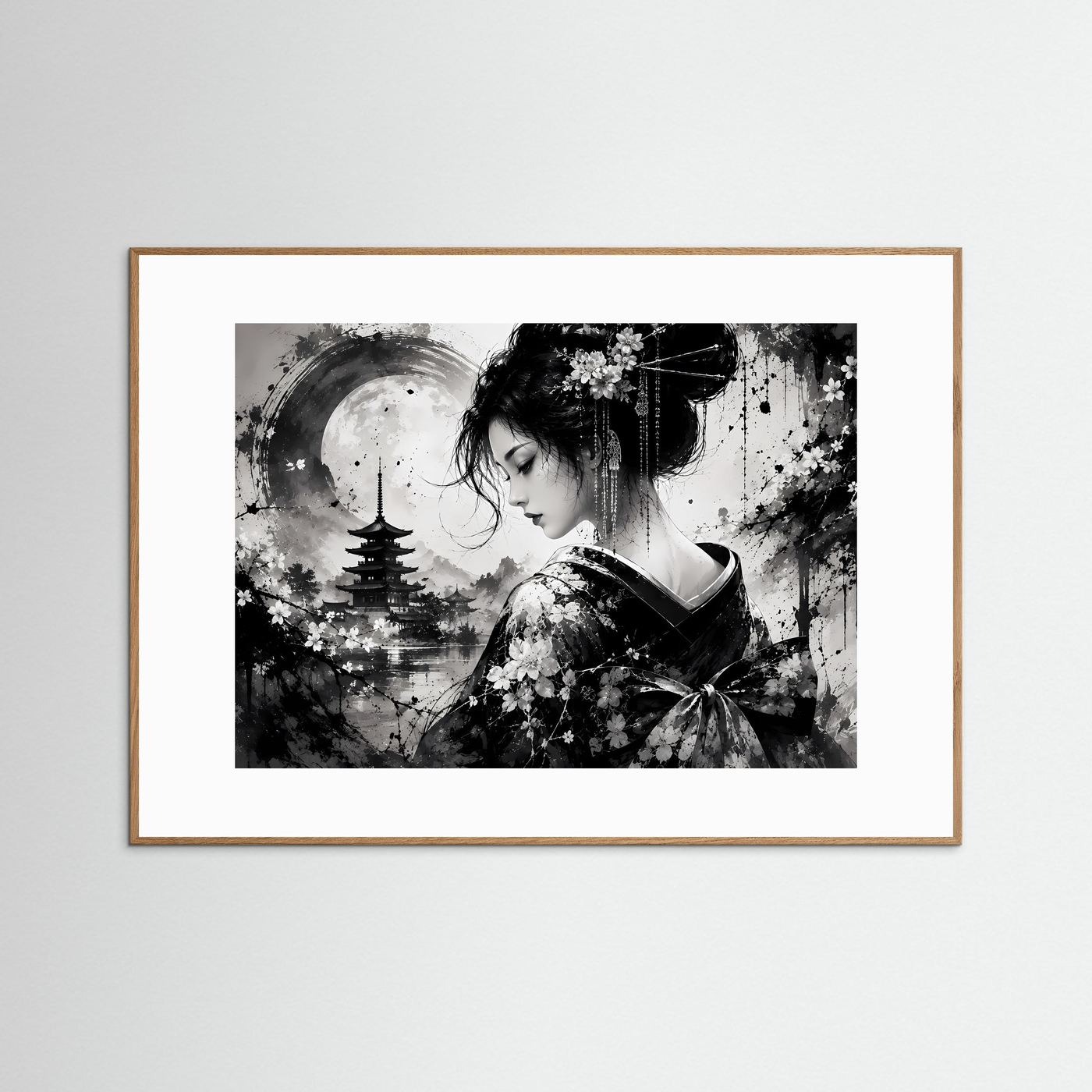 Geisha Poster Schwarz Weiß | Japanische Pagode & Vollmond | Sumi-e Wandbild | Asiatische Zen Kunst | Moderne Japan Wall Art
