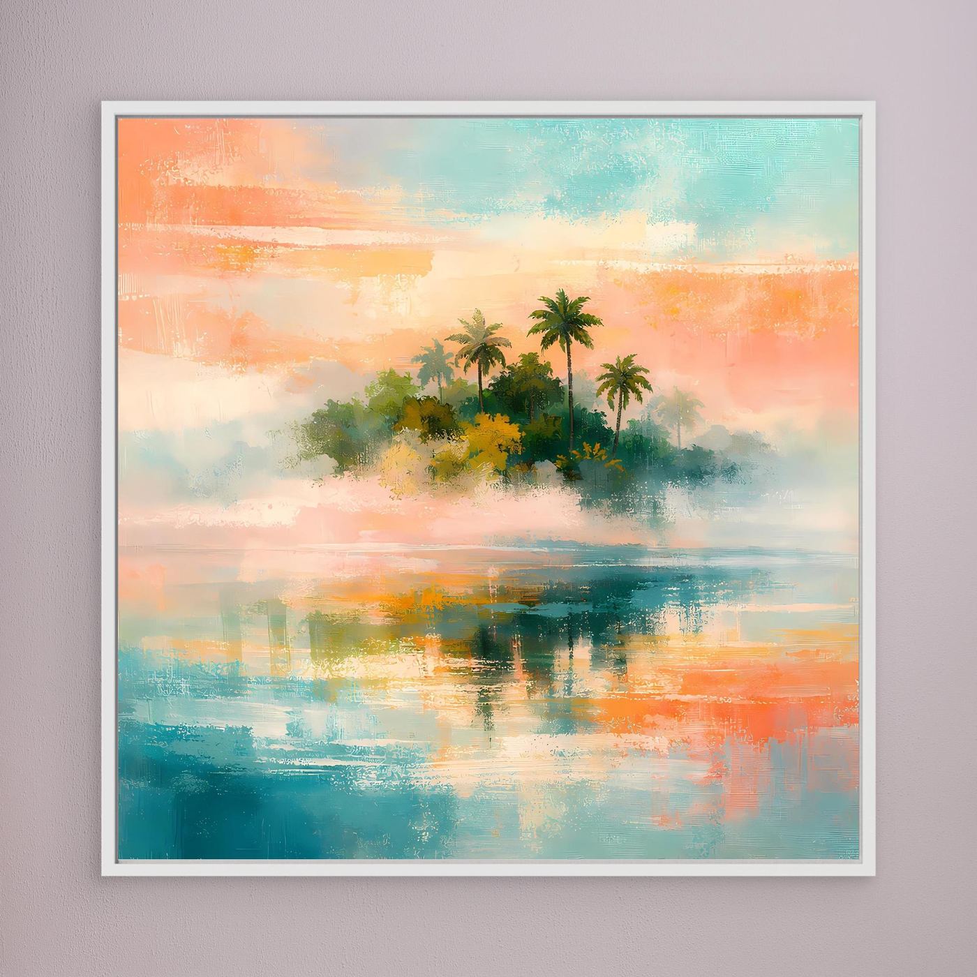 Abstraktes Leinwand-Wandbild: Palmen und Meerlandschaft in Pastell, hell gerahmt