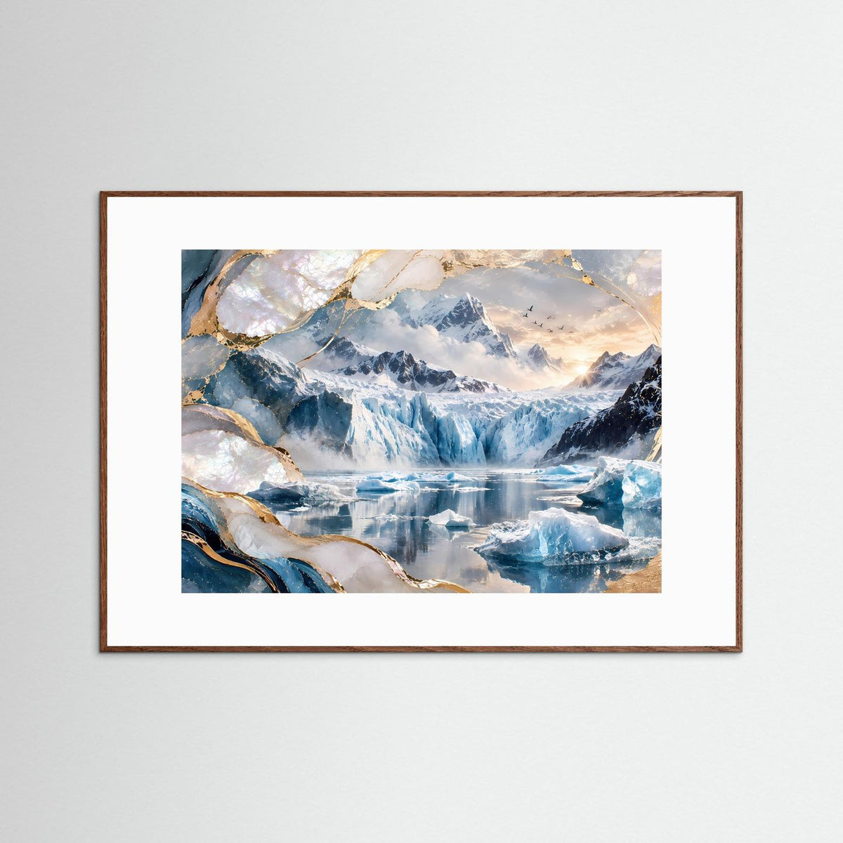 Querformat-Poster mit Gletscherlandschaft, blaues Eis und goldene Akzente, brauner Holzrahmen