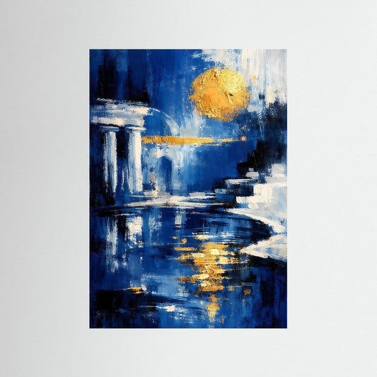 Abstraktes Rom-Poster, Nachtblau, gelber Mond über Wasserspiegel und Säulen