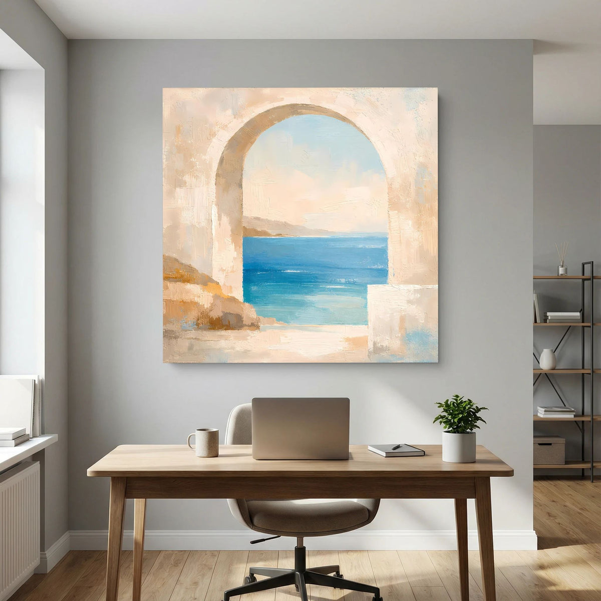 Leinwandbild mit Rundbogenöffnung zum Meer, abstrakte Farbfelder in Blau und Creme