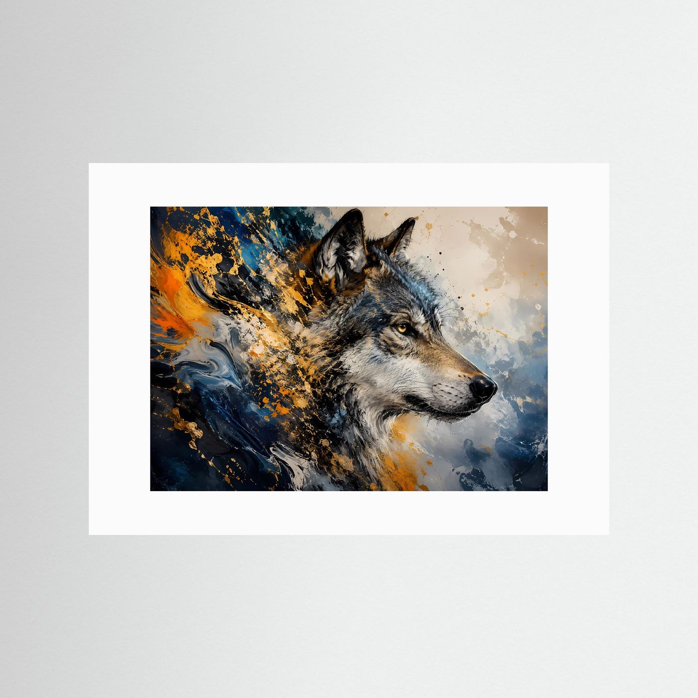 Majestätischer Wolf in Blau & Gold | Abstrakte Tierkunst & Natur Poster Querformat