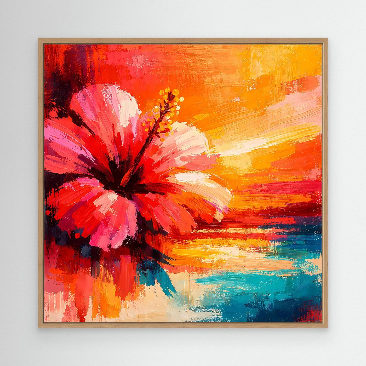 Leinwand Abstraktes Hibiskusblütenbild am Meer | Modernes Küsten Wandbild Bunt