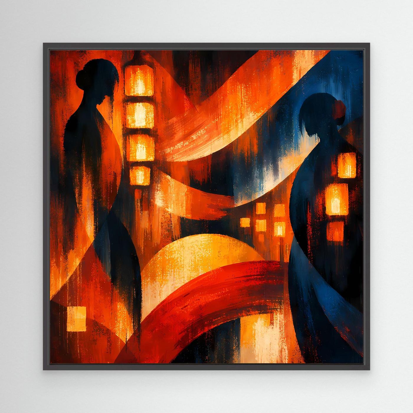 Japanisches Wandbild mit schwarzem Rahmen und zwei Geisha-Silhouetten, Laternen im Rot-Blau-Motiv