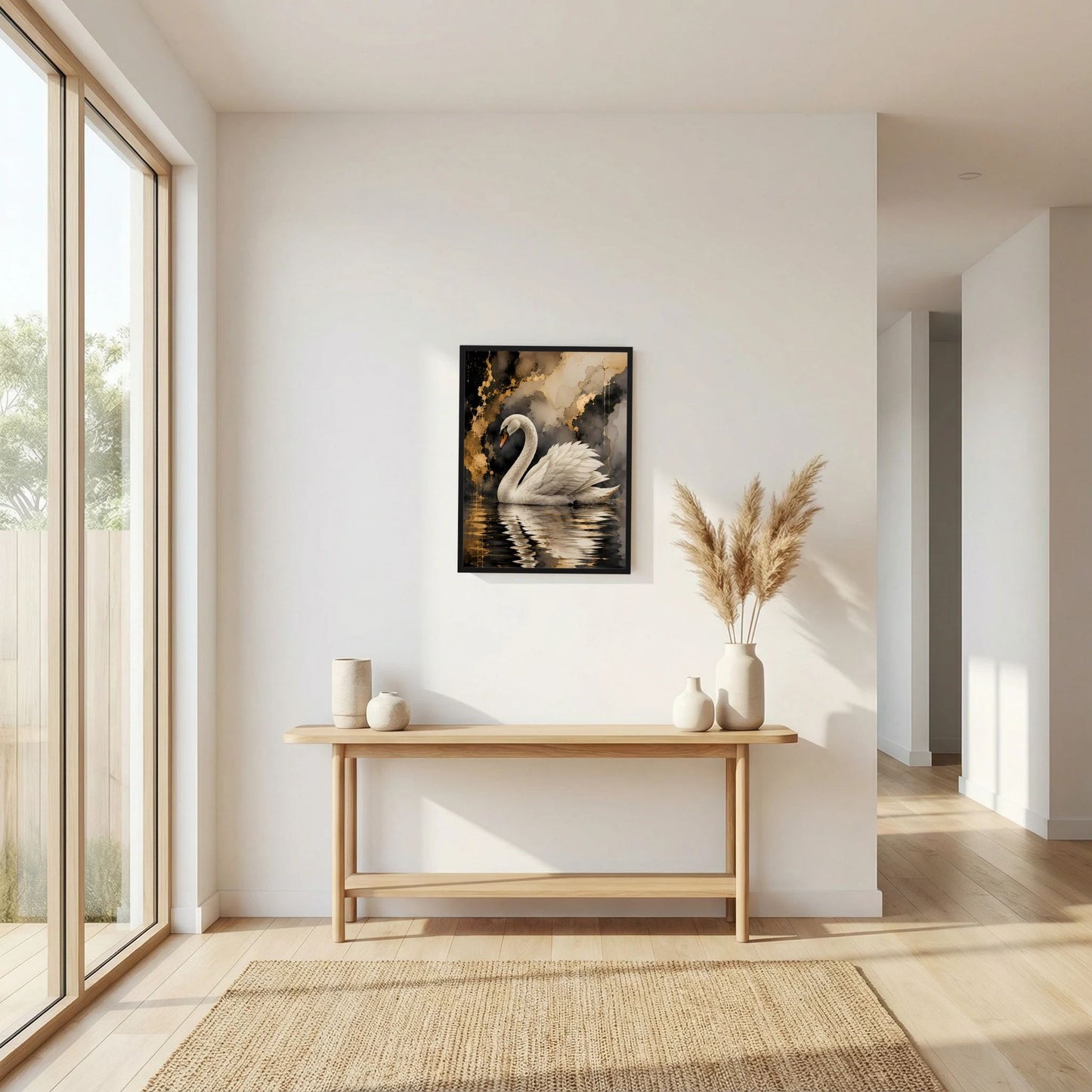 Wandposter mit weißem Schwan und goldenen Sprenkeln im Wasser, schwarze Einfassung