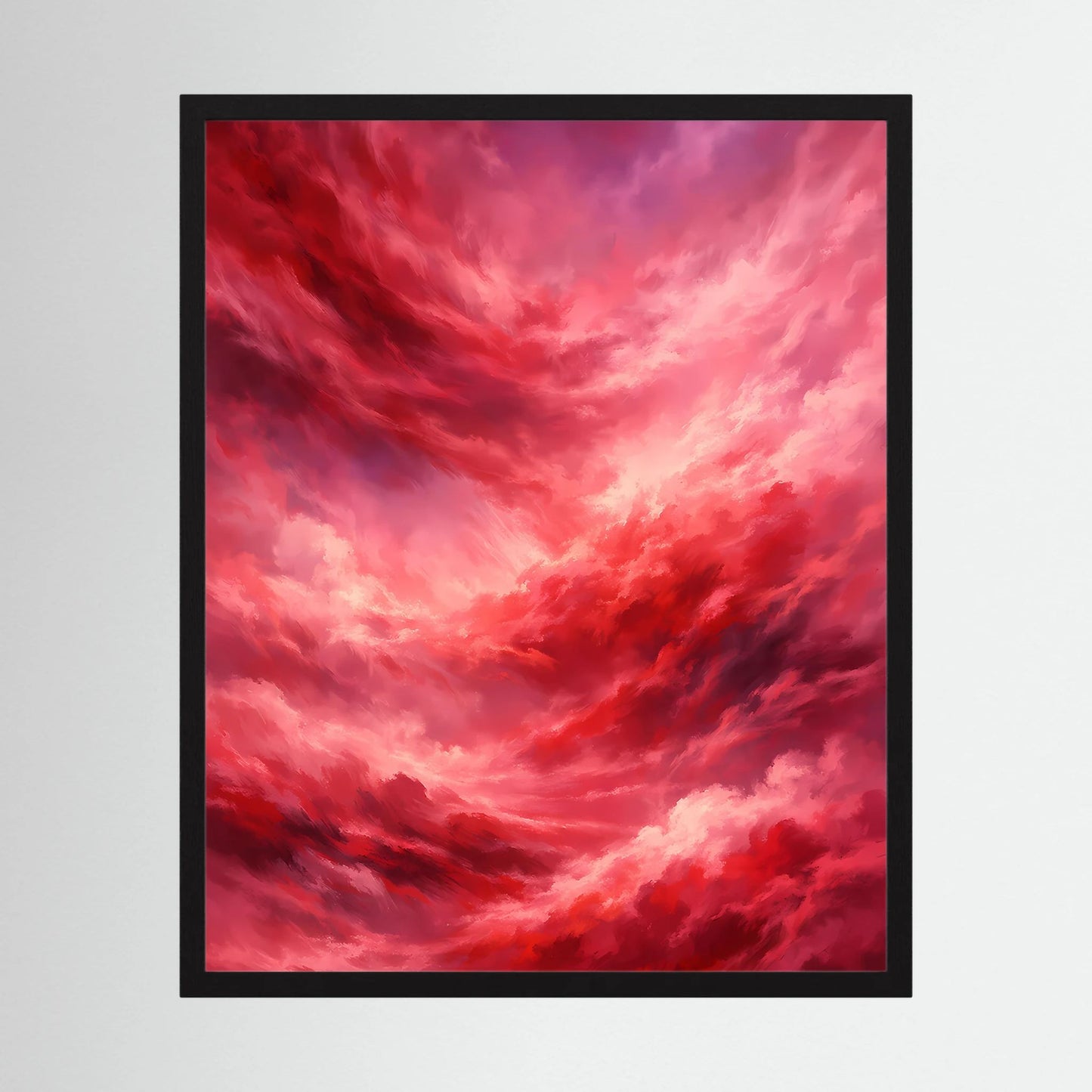 Gerahmtes Poster im Hochformat: rote Wolken mit rosa Akzenten vor dunklem Himmel