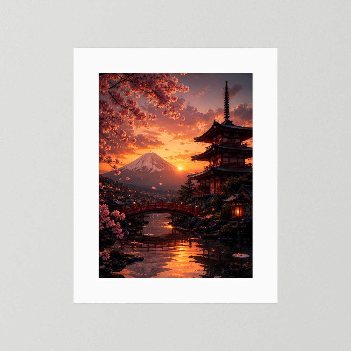 Hochformatiges Poster mit weißer Passepartout, japanischer Tempel bei Sonnenuntergang