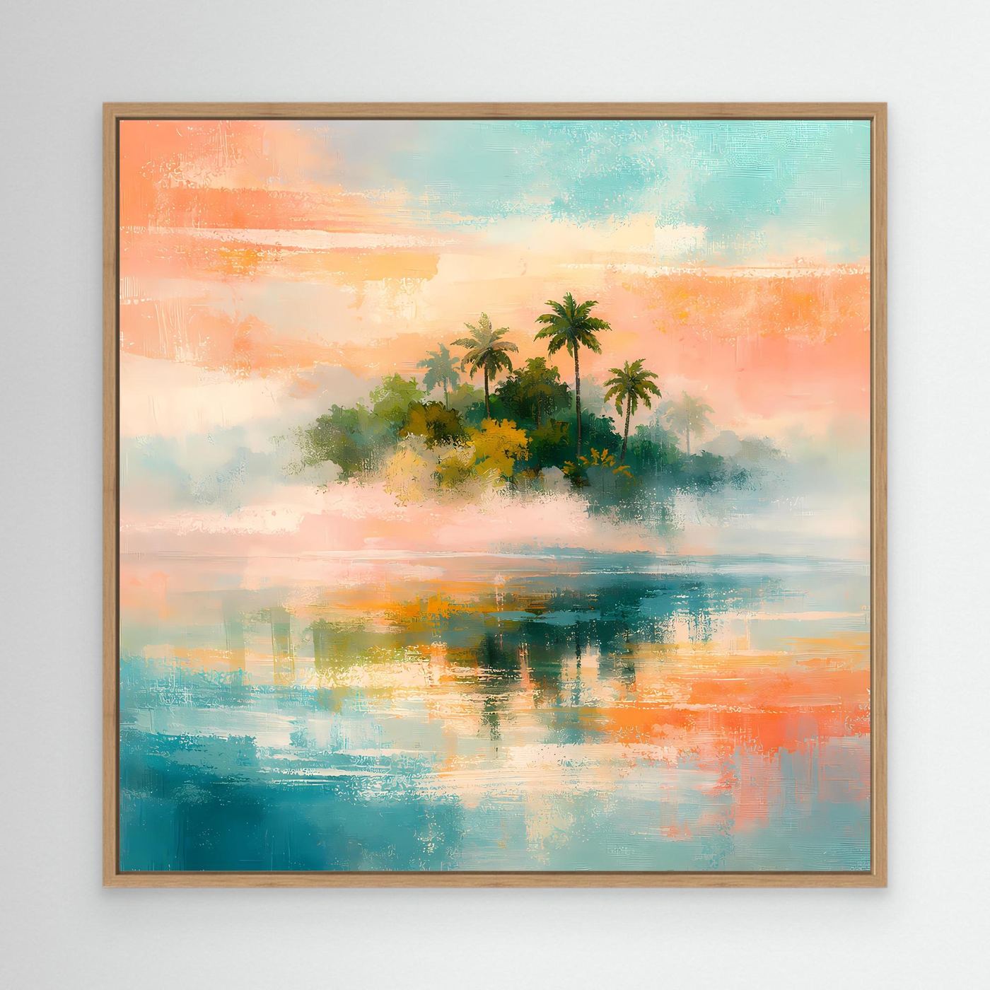 Abstraktes Wandbild mit Palmeninsel und Meer, türkis-rosa Farbverlauf im Eichenrahmen