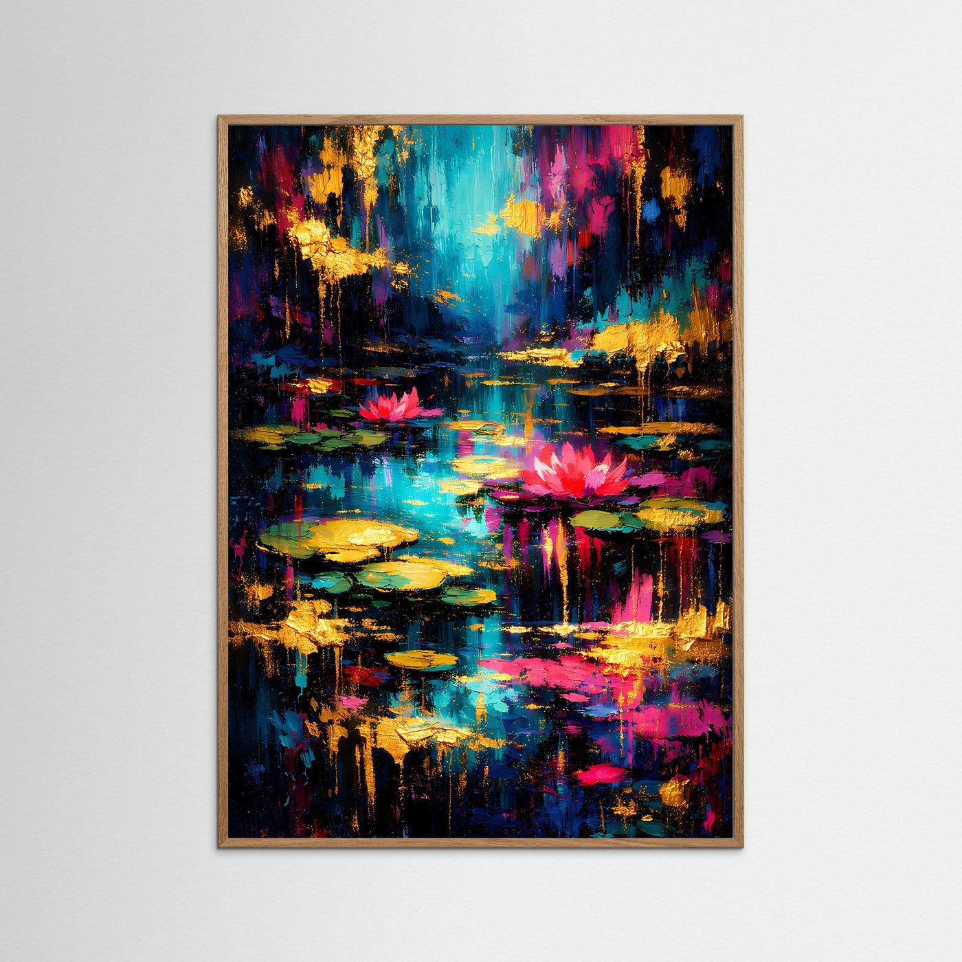 Abstraktes Kunstposter im Hochformat mit hellem Holzrahmen, türkisblau, magenta und Gold