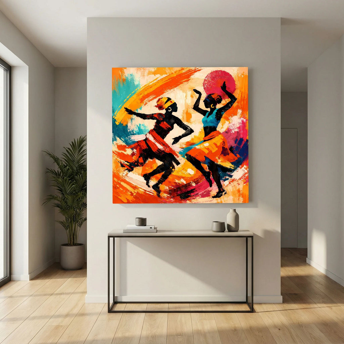 Wandbild auf Leinwand: abstrakte tanzende Figuren in Schwarz und Blau, orange-rot und türkis