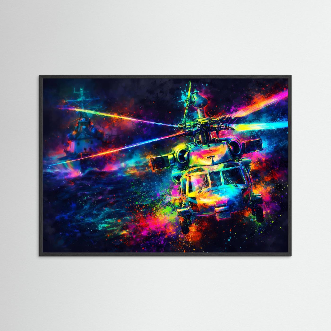 Abstraktes Hubschrauber-Poster im Querformat mit Neonfarben im schwarzen Rahmen