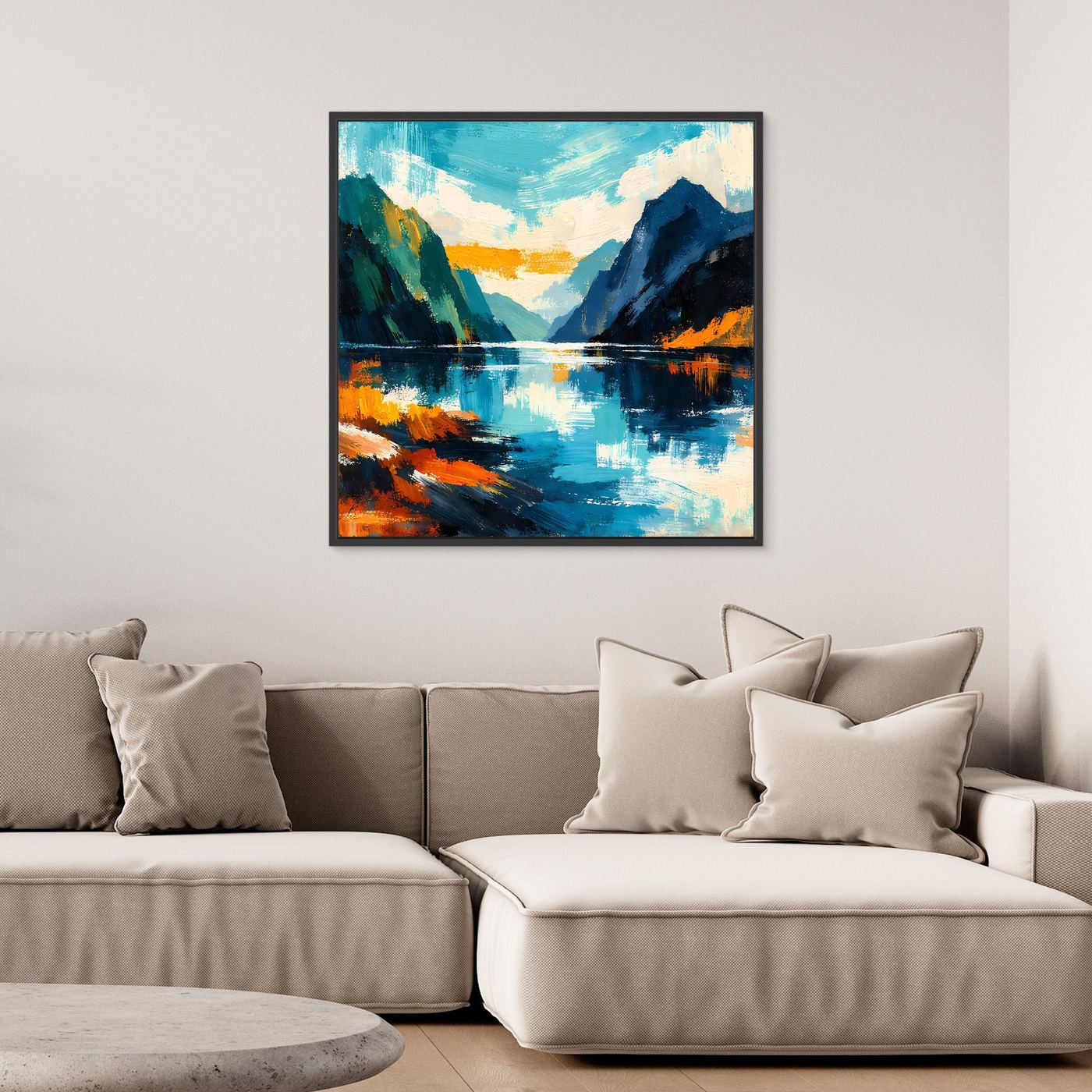 Schwarzes gerahmtes Leinwandbild mit Fjordlandschaft in Blau, Türkis und Orange