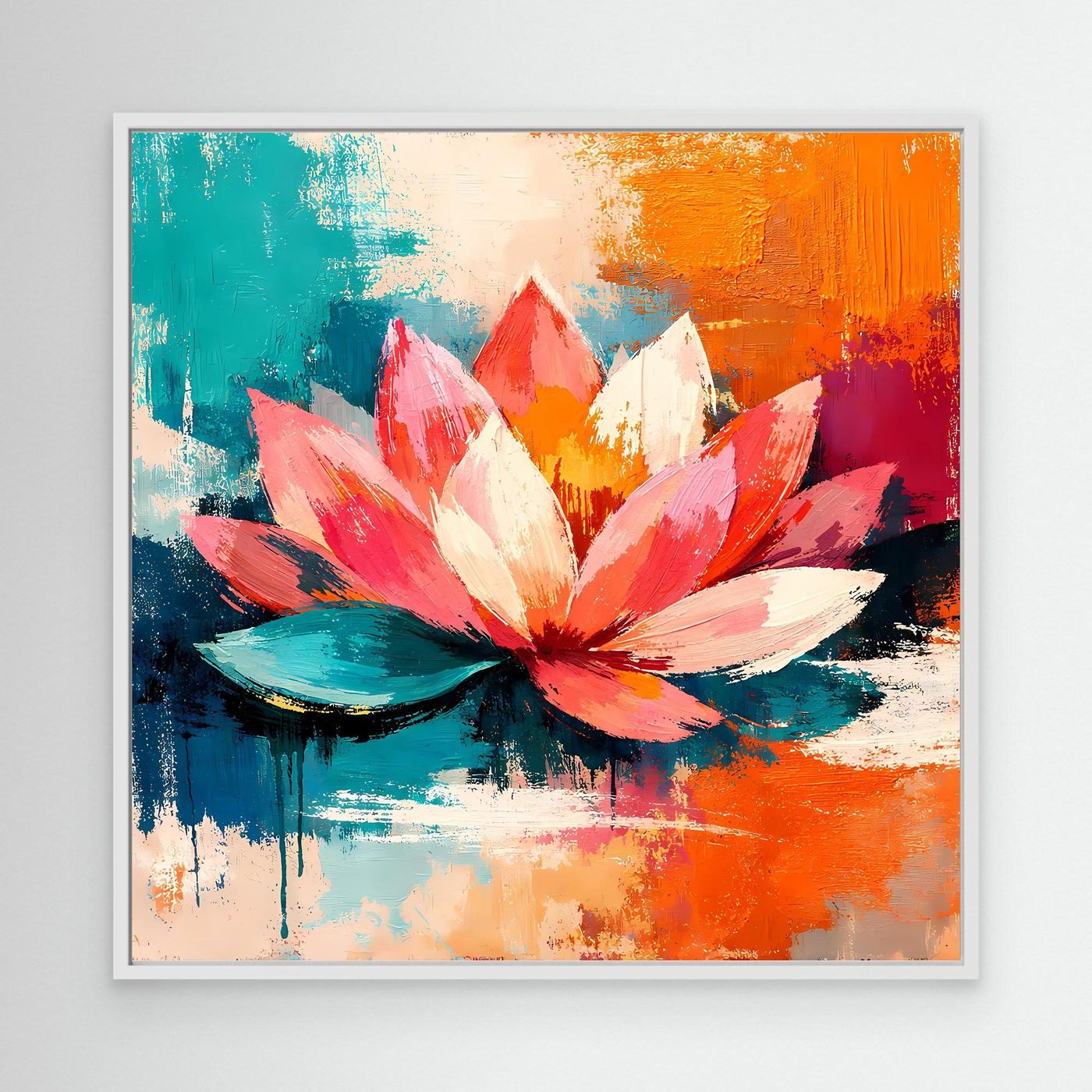 White-framed abstract lotus canvas wall art with teal, orange, and pink petals
