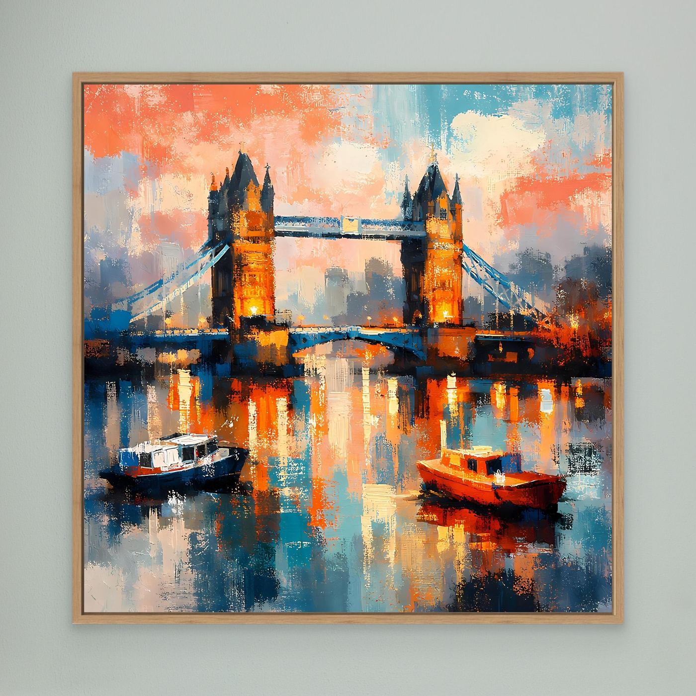 Gerahmtes Leinwandbild mit abstrakter Tower-Bridge bei Nacht und farbiger Reflexion im Wasser