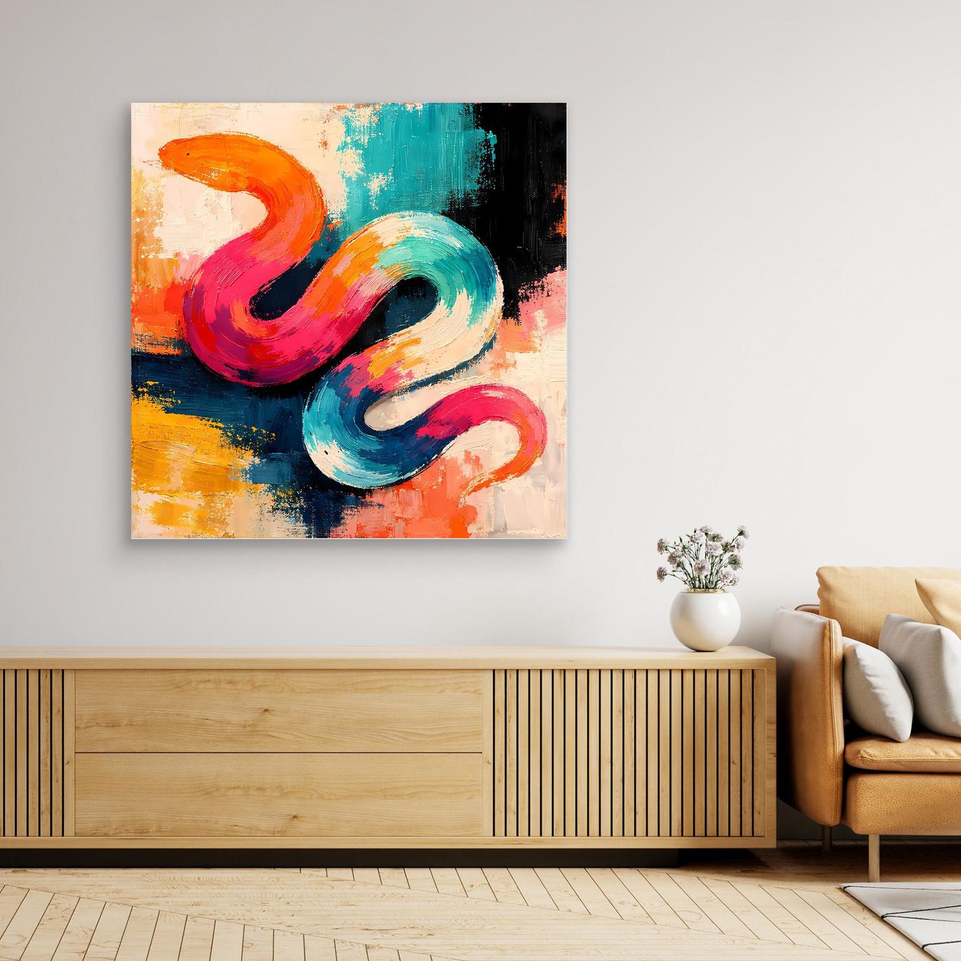 Leinwand-Wandbild mit abstrakter Schlange im Pop-Art-Stil, dunkler Rahmen