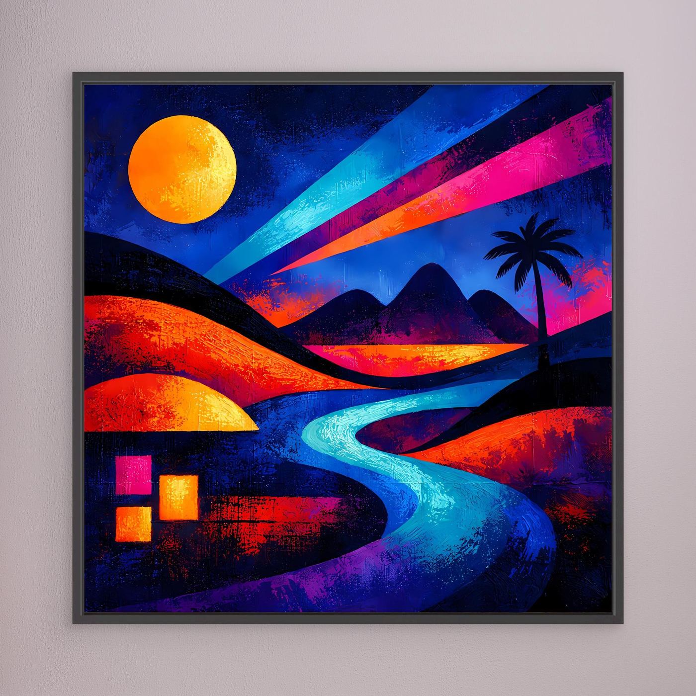 Quadratisches Leinwand-Wandbild mit Sonnenmond, bunter Wüstenoase, Fluss und Palme bei Nacht, dunkel gerahmt.