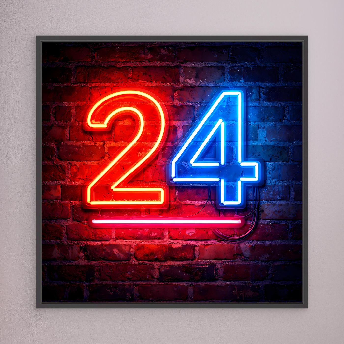 Leinwandbild mit Neon-Zahl „24“ auf Backstein, dunkler Rahmen