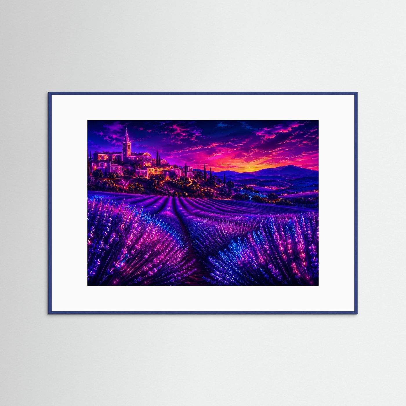 Lavendelfeld im Neon-Sonnenuntergang | Provence Landschaft in Lila & Pink