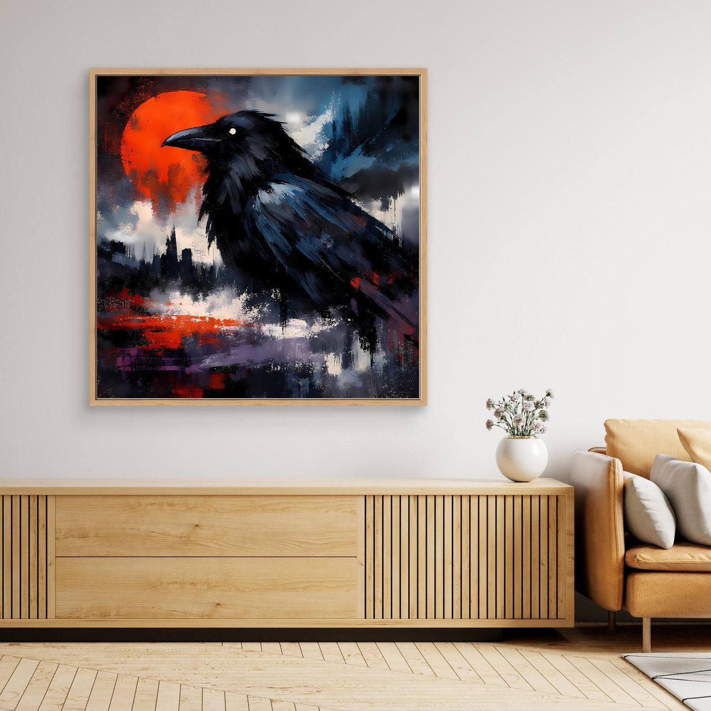 Leinwand-Wandbild mit schwarzem Raben vor rotem Vollmond, Eichenrahmen