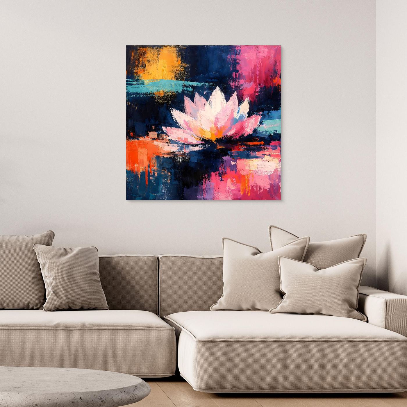Gerahmtes Leinwandbild: Lotusblüte in Pink, abstrakt mit Blau- und Rotverläufen.